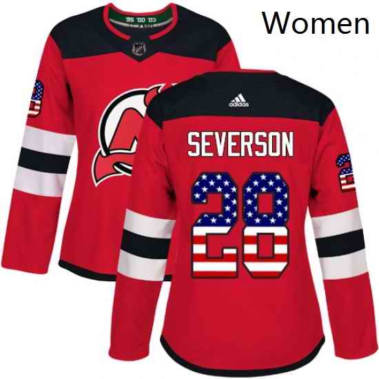 Womens Adidas New Jersey Devils 28 Damon Severson Authentic Red USA Flag Fashion NHL Jersey